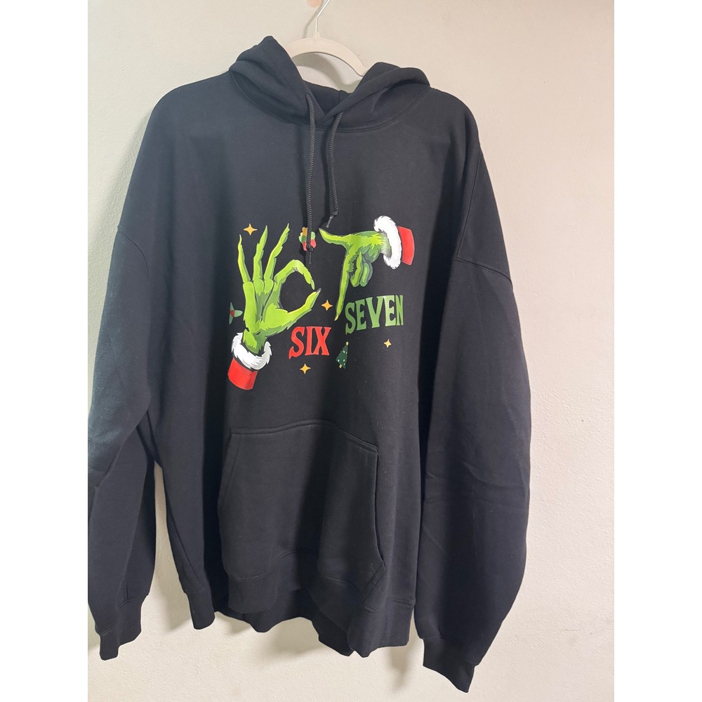 Grinch Six Seven Graphic Hoodie‎ Black Long Sleeve Pullover Sweatshirt XXL